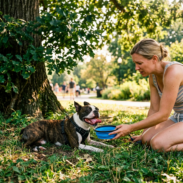 Boston Terrier lying in shade under a tree panting in summer heat, owner offering collapsible water bowl