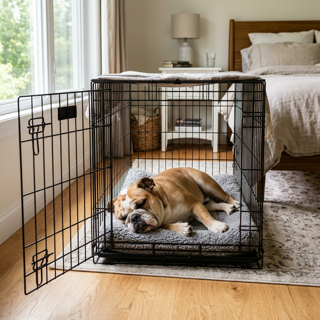 English Bulldog sleeping on a fleece pad inside an open wire crate, bedroom, door open