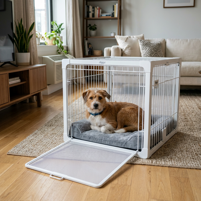 Diggs Revol white wire dog crate open on a living room area rug, mixed breed dog resting inside on grey pad, modern apartment