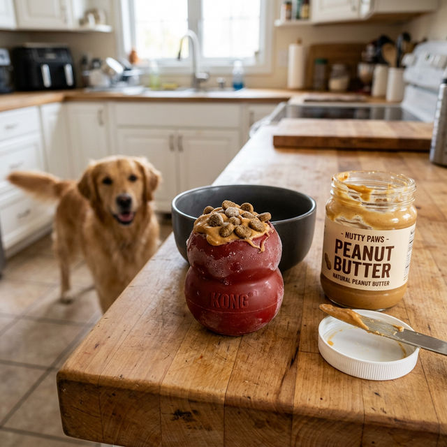 Red Kong Classic toy stuffed with peanut butter and kibble on a kitchen counter, golden retriever watching eagerly in background