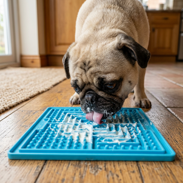 Pug named Tater intensely licking Greek yogurt off a textured blue LickiMat slow feeder on a kitchen floor, flat face clearly above the mat surface