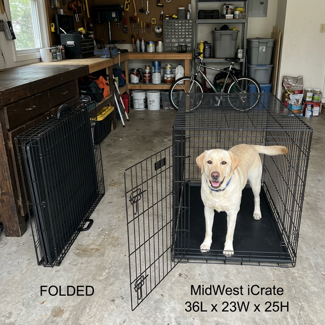 MidWest iCrate folded flat vs fully assembled with Labrador inside, garage setting, dimensions shown