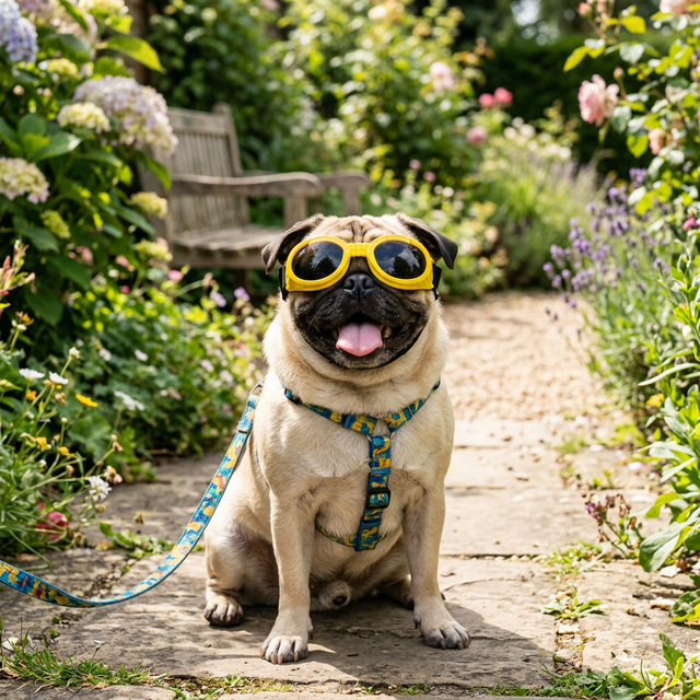 Pug wearing yellow sporty dog goggles outdoors in a sunny garden, eyes clearly covered and comfortable, tongue out happy expression