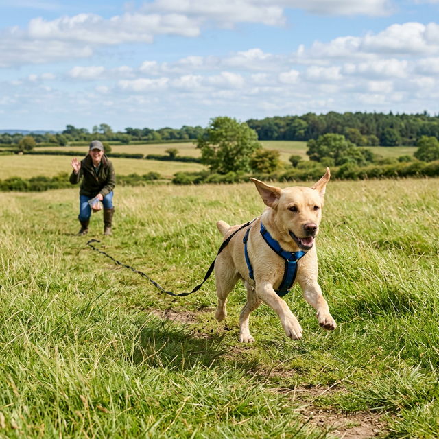 Labrador retriever on a long training line running across a field toward owner crouched down in background
